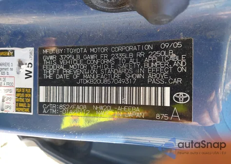 2005 Toyota Prius z USA, uszkodzony, nr VIN JTDKB20U857049317